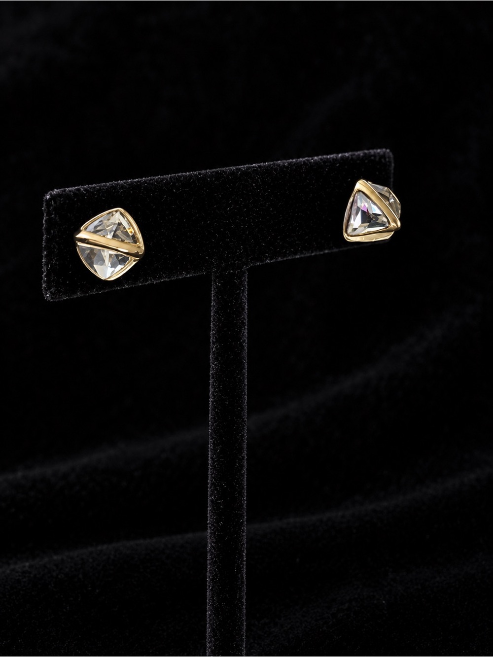 Gold Triangular Crystal Stud Earrings - Clear